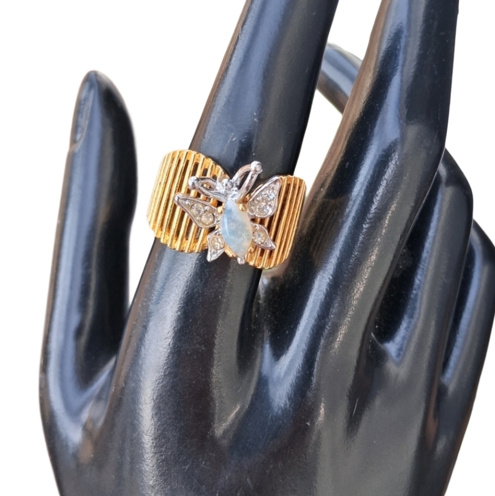 Vintage Anson 18K HGE Gold Moonstone & Rhinestone Butterfly Ring- Size 8